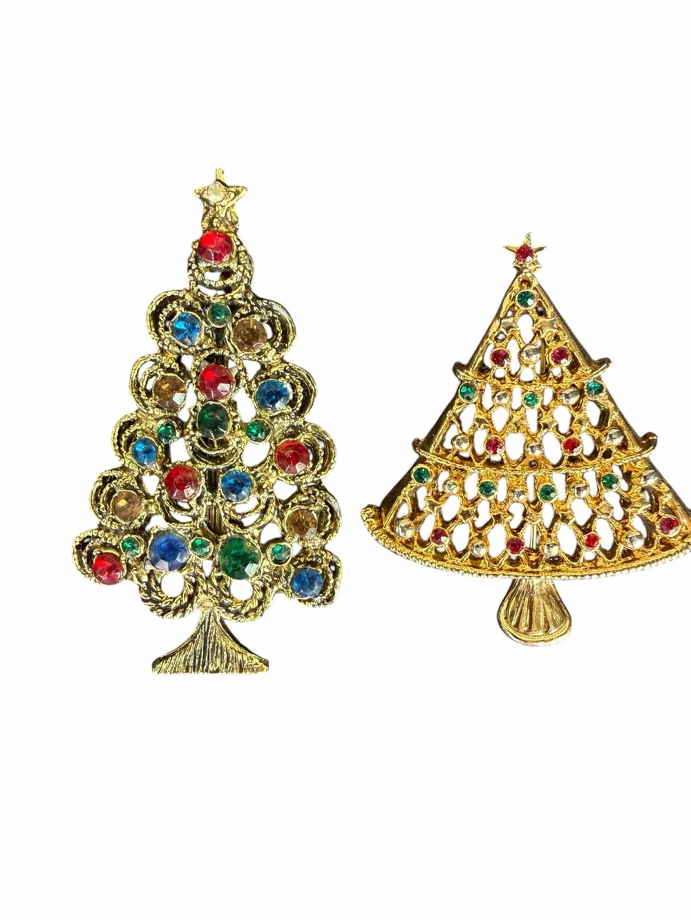 Vintage Gold Tone Christmas Tree Brooch Pin Set Rhinestone Openwork Holiday